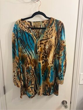 Peck & Peck Turquoise and Gold Animal-Print V-Neck Tunic